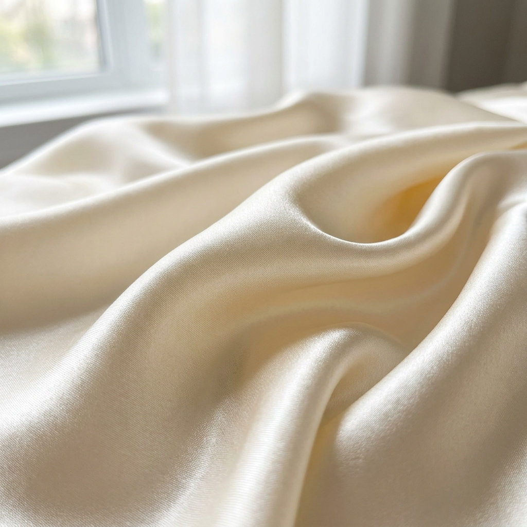 Ivory silk sleep bonnet folded on cream linen with a mug and lavender