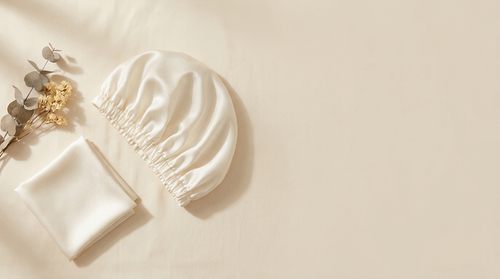 Ivory pure mulberry silk sleep bonnet on a warm cream background with eucalyptus